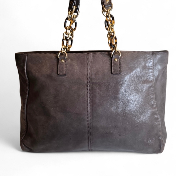 FENDI Tote Shoulder Bag Tortoise Shell Chaim Handle Purse Charcoal Brown Leather - Picture 2 of 10